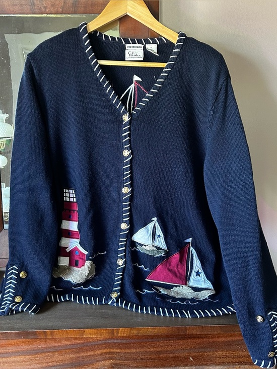 CJ Banks Sweaters - VTG Hand Embroidered C.J. Banks Light House/Nautical Themed Cardigan: SIZE 1X